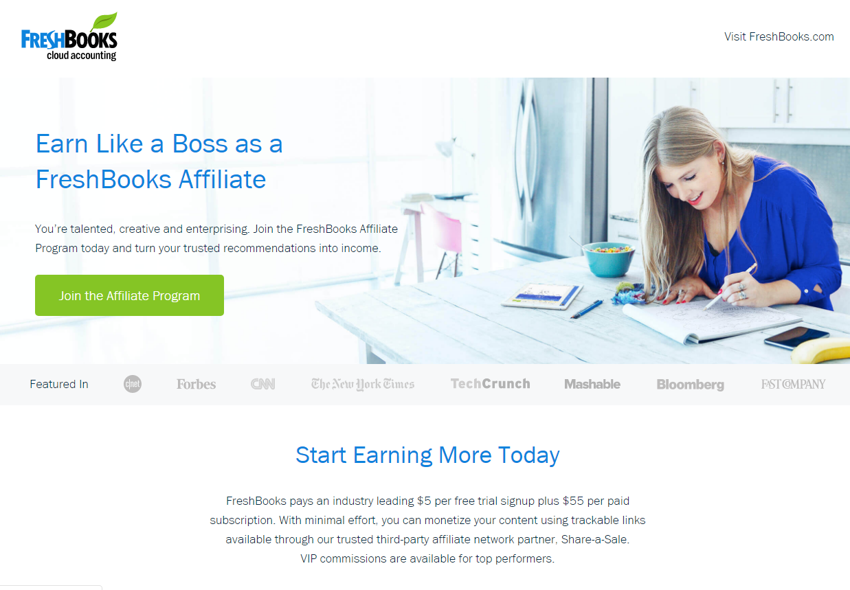 Freshbooks Affiliate Program Landing Page (Screenshot)