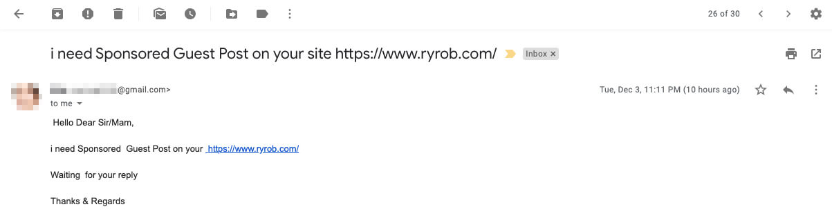 Shockingly Similar Blog Outreach Email Template Example and Screenshot of Bad Email