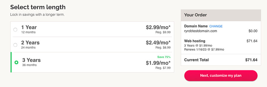iPage Web Hosting Pricing Plan Breakdown and Comparison (Screenshot)