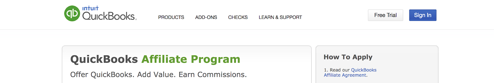 QuickBooks Affiliate Program Landing Page (Screenshot)