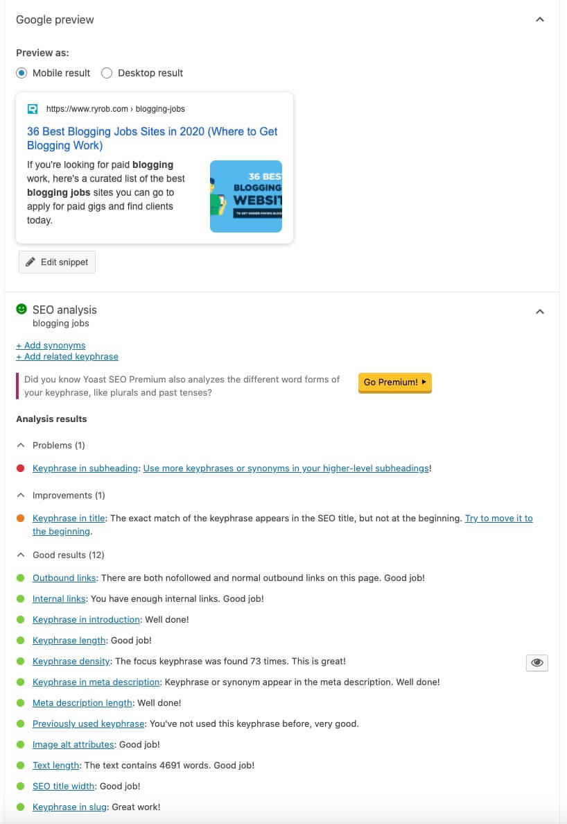 Free Blog Planner (SEO Checklist Example) Screenshot from Blogging Jobs List