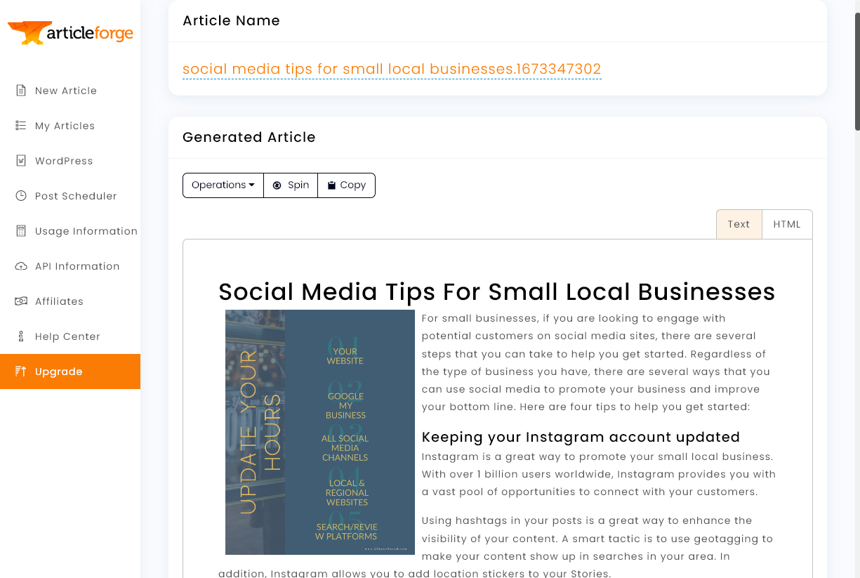 Article Forge AI Writing Tool Example (Screenshot of Product Use)