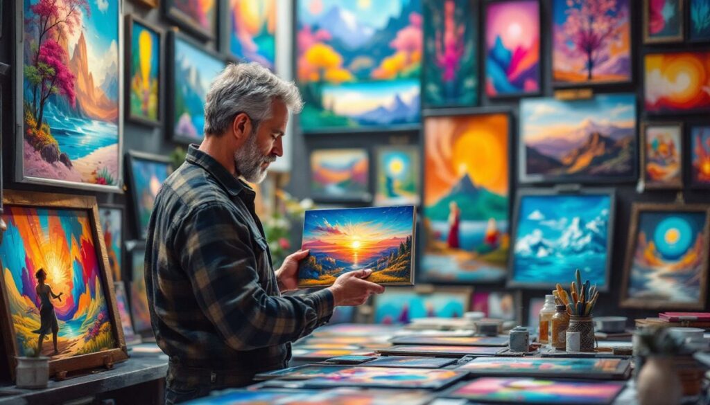 Man Holding a Painting in an Artistic Setting (AI Image)