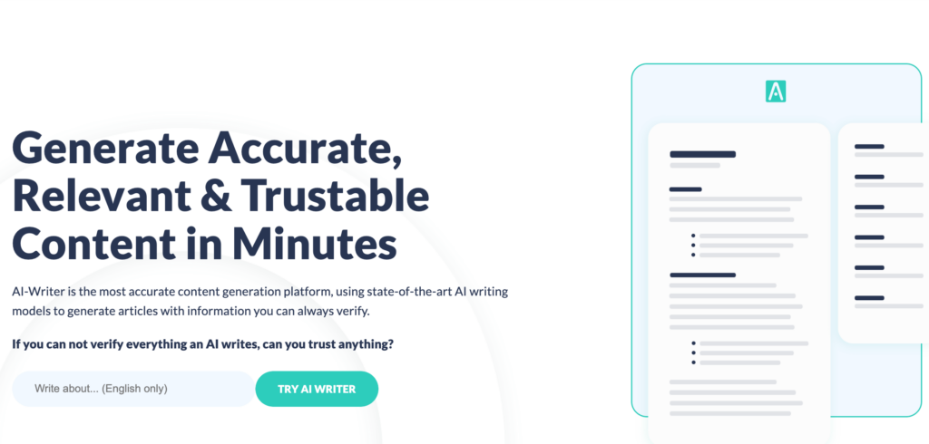 Screenshot showing the AI blogging tool AI Writer's website homepage.
