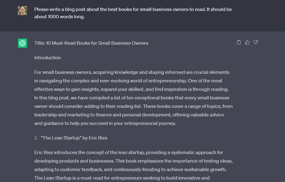 Image shows a basic ChatGPT prompt for bloggers from Ryan -- Please write a blog post about the best books for small business owners to read. It should be about 1000 words long.