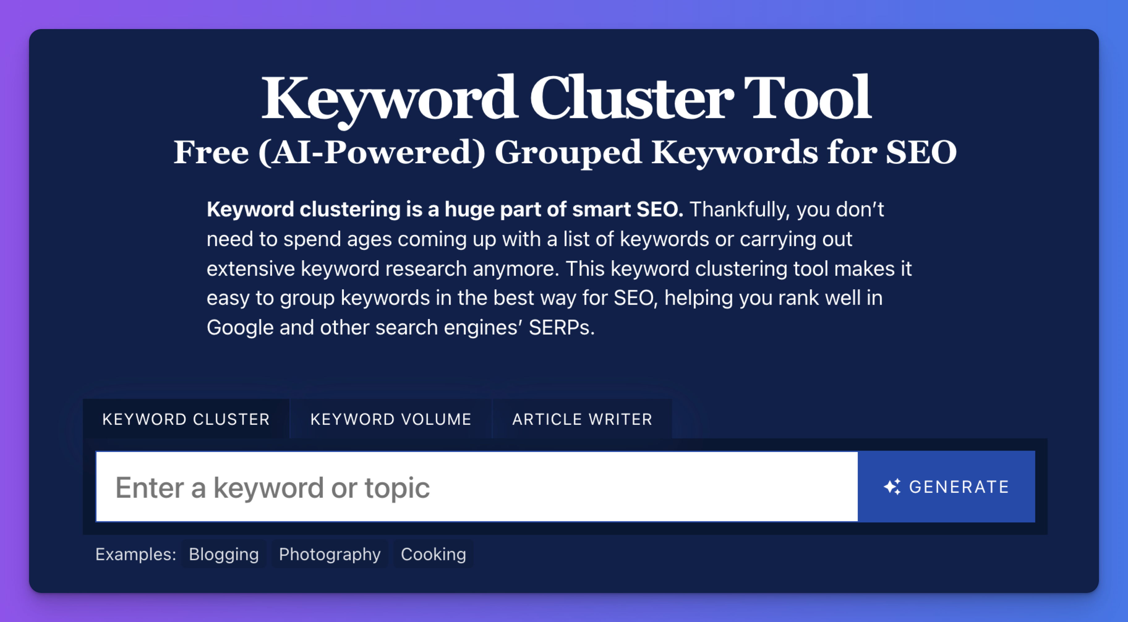 Keyword Cluster Tool Free (AI-Powered) Grouped Keywords for SEO