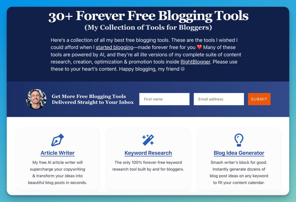Forever Free Blogging Tools (and AI Tools for Bloggers) by Ryan Robinson on ryrob