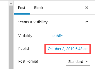 Screenshot showing how to republish a WordPress post by changing the Publish date