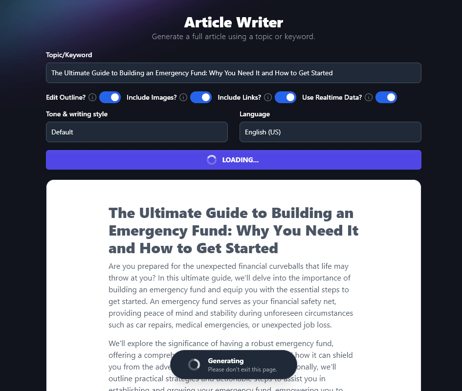 Screenshot of the RightBlogger Article Writer tool, with the topic/keyword 'The Ultimate Guide to Building an Emergency Fund: Why You Need it and How to Get Started'