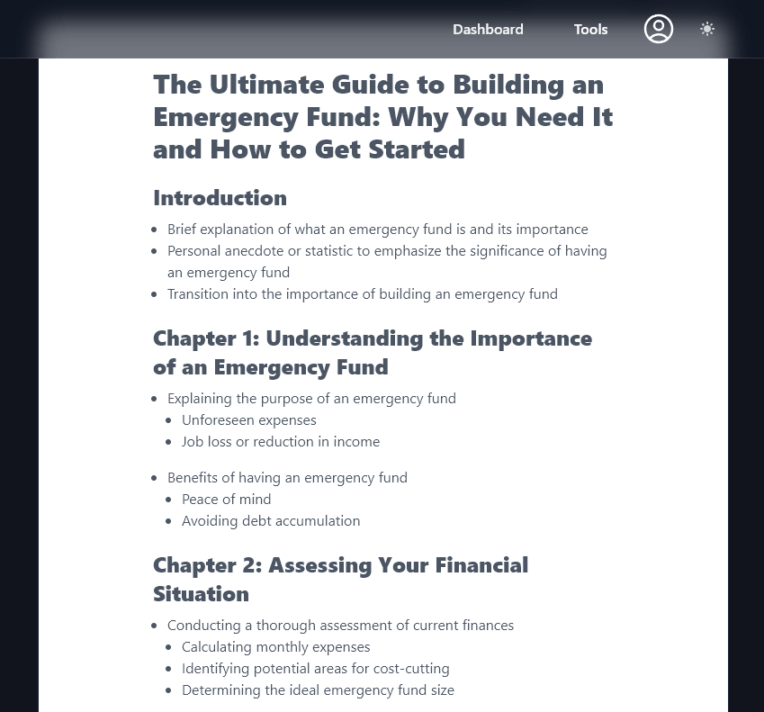 Screenshot of the start of the outline produced by RightBlogger