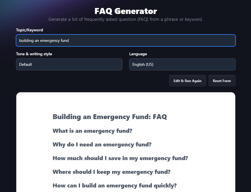 Screenshot of the RightBlogger FAQ generator with a list of frequently asked questions for the topic/keyword 'building an emergency fund'