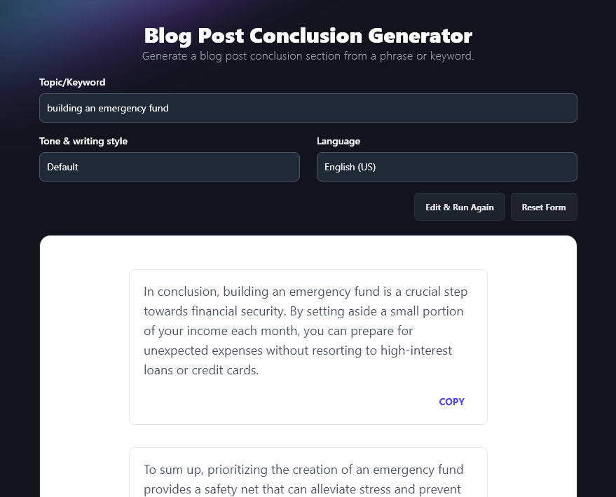 Screenshot of the RightBlogger blog post conclusion generator, with conclusions written by the AI for the topic/keyword 'building an emergency fund'
