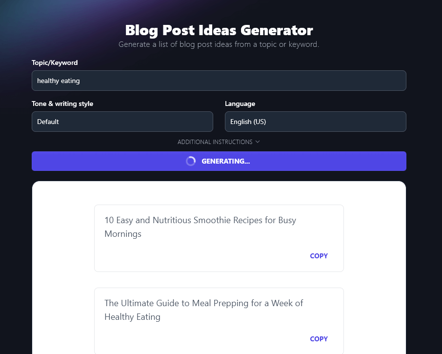 Screenshot of the RightBlogger idea generator tool with results for the topic 'healthy eating'