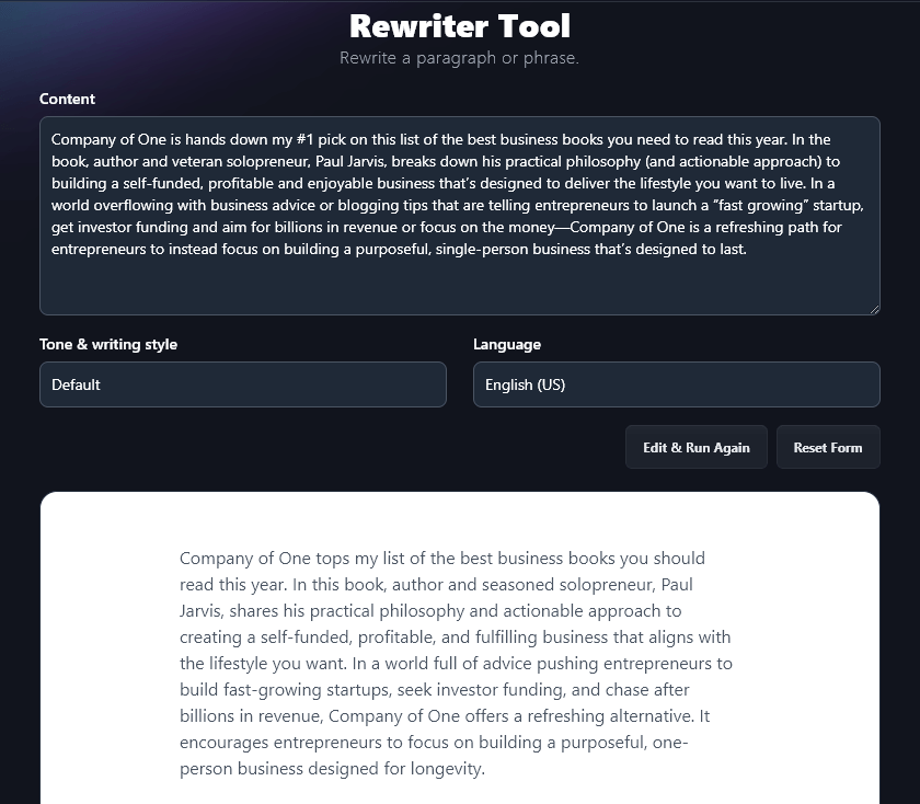Screenshot of the RightBlogger Rewriter tool, reworking a paragraph from Ryan's post on his favorite business books