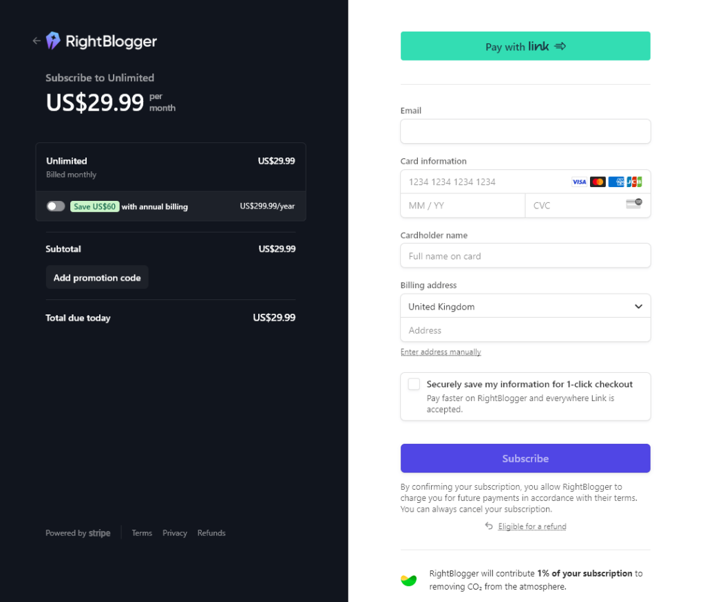 Screenshot of the RightBlogger subscription plan page with fields for personal details and payment information