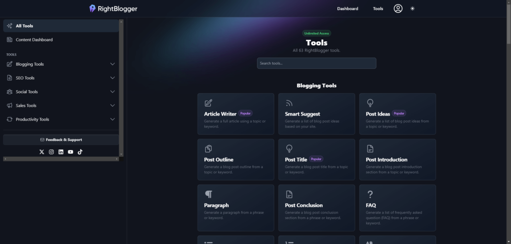 Screenshot of the RightBlogger dashboard, with a number of blogging tools shown