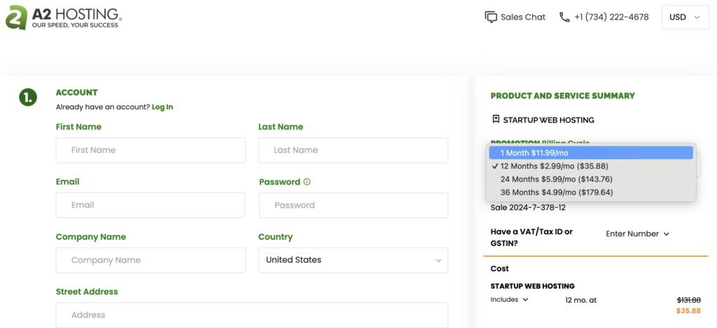 Monthly Billed Web Hosting Plan from A2Hosting Plan Selection