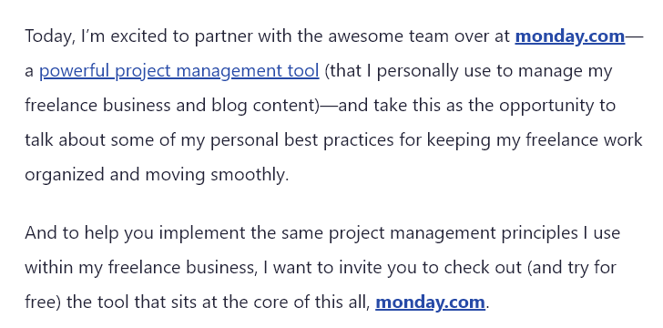 Excerpt from a sponsored blog post on RyRob.com. The text of the excerpt reads: Today, I’m excited to partner with the awesome team over at monday.com—a powerful project management tool (that I personally use to manage my freelance business and blog content)—and take this as the opportunity to talk about some of my personal best practices for keeping my freelance work organized and moving smoothly.

And to help you implement the same project management principles I use within my freelance business, I want to invite you to check out (and try for free) the tool that sits at the core of this all, monday.com.