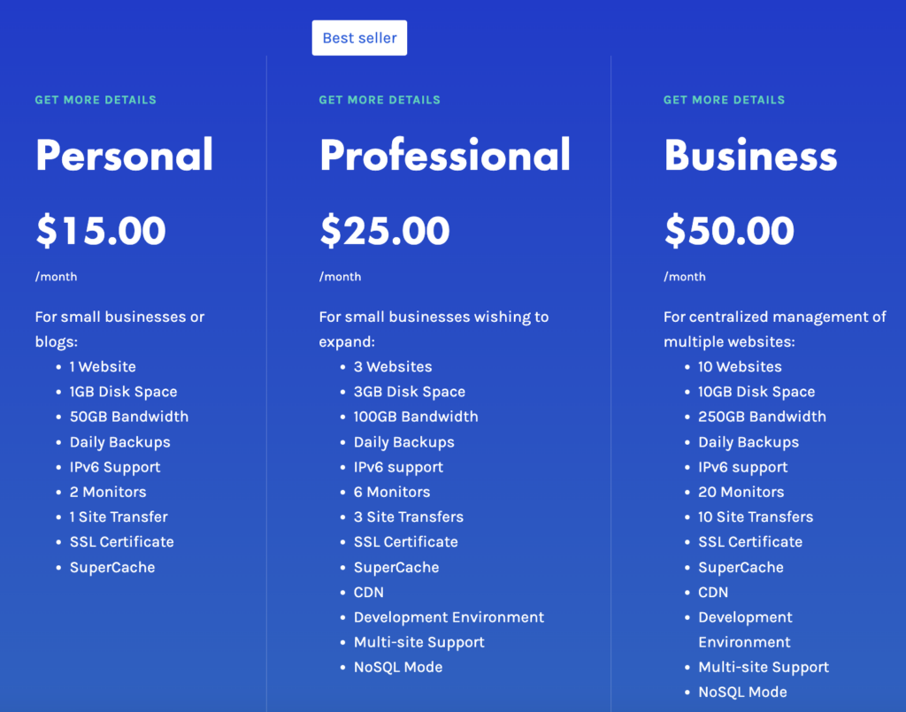uPress Managed Hosting Pricing Plans (Screenshot)