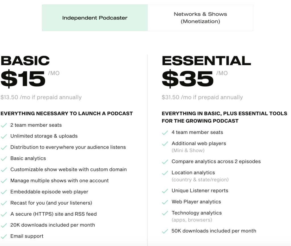 Best Podcast Hosting Platforms - Simplecast Pricing
