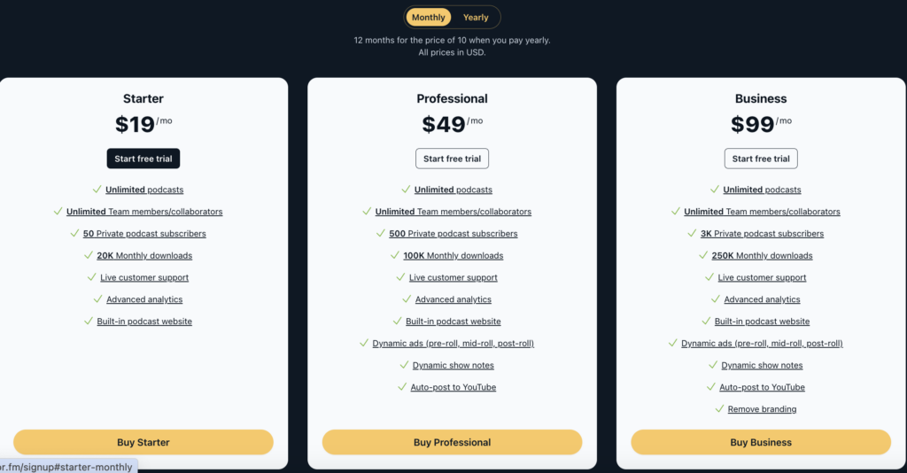 Best Podcast Hosting Platforms - Transistor Pricing