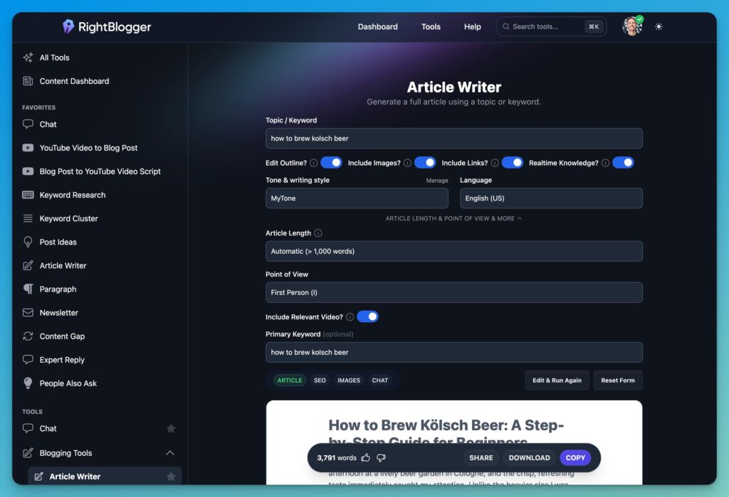 RightBlogger Article Writer Screen Shot (How to Write a Blog Post with AI Tutorial)