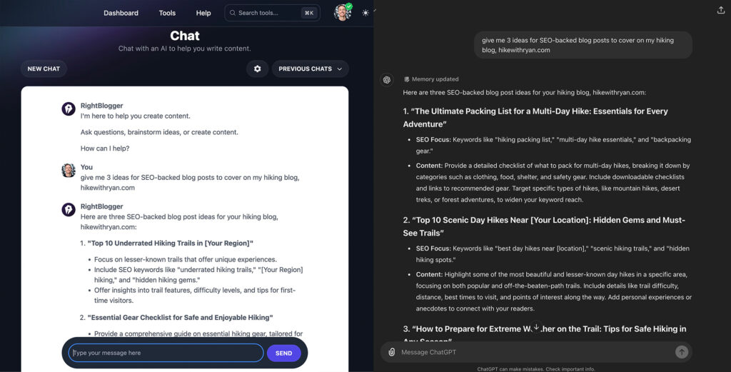RightBlogger Chat vs ChatGPT Comparison Image (Screen Shot) of Writing a Blog Post with AI