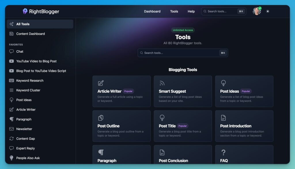 RightBlogger Tools Dashboard (How to Write a Blog Post with AI for Free) RightBlogger Tutorial