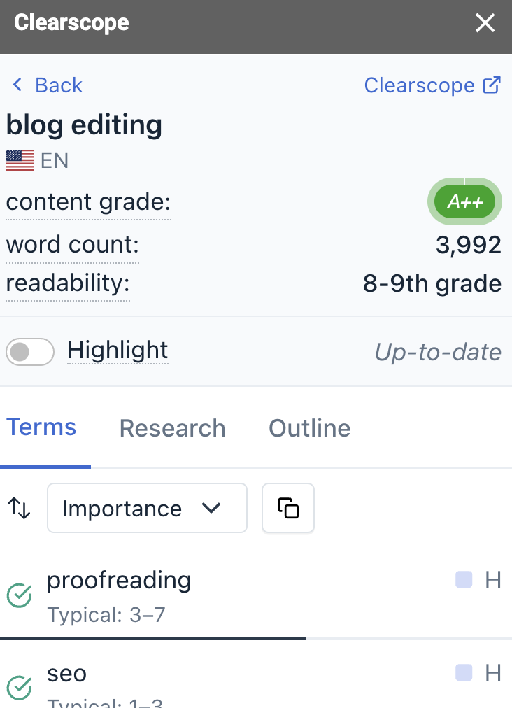 Screen Shot of Clearscope Readability Score (for Blog Editing Guide)