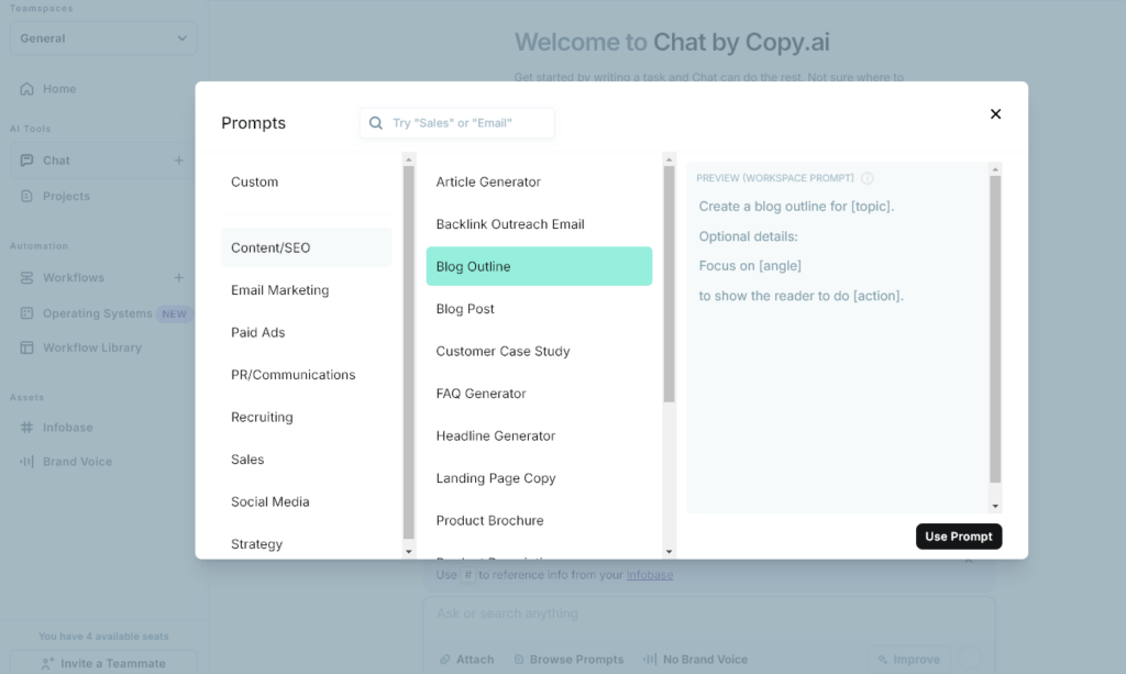 Pre-written prompts from Copy.ai