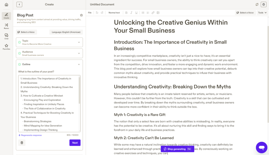 AI Writer Jasper creating a blog post (based on an AI outline) about becoming more creative