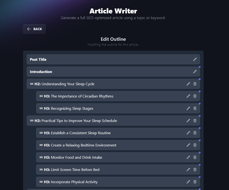 Article Writer tool from RightBlogger, with outline for an article on how to improve your sleep schedule