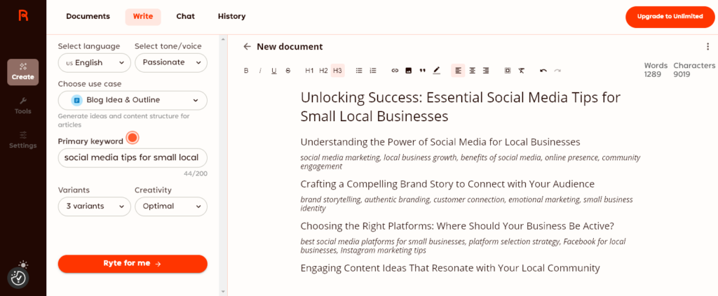 A blog idea and outline produced using Rytr, on social media tips for small local businesses
