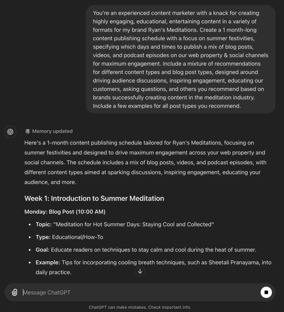 ChatGPT Prompt for Content Planning and Scheduling (Screen Shot)