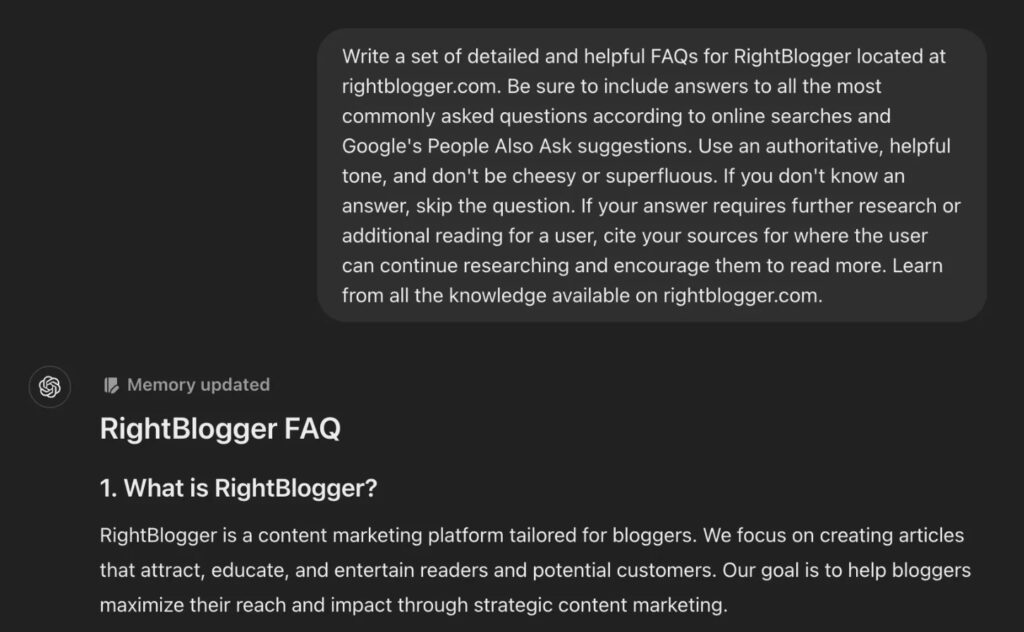ChatGPT Prompt for Generating FAQ Questions and Answers (Screen Shot)