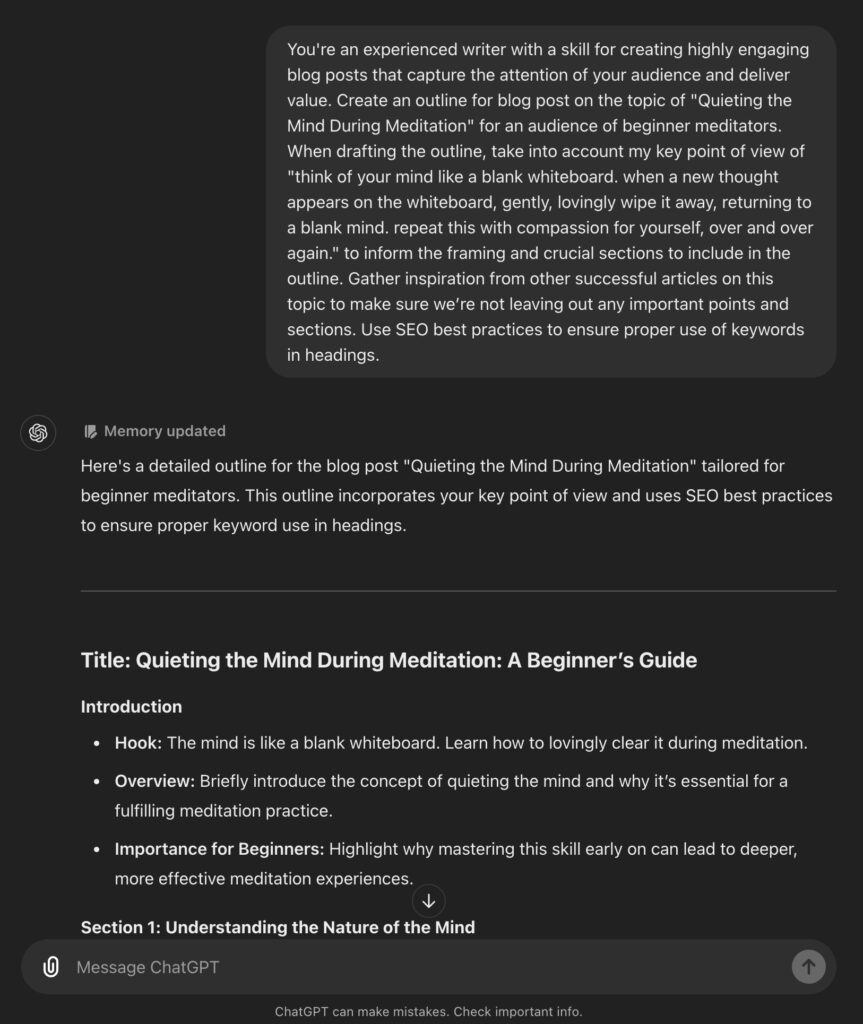 ChatGPT Prompt for Writing Articles (Step 1 Outlining) Screen Shot