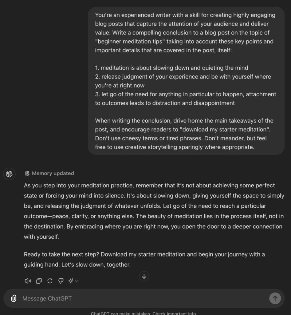 ChatGPT Writing Prompt for Conclusions (Screen Shot)