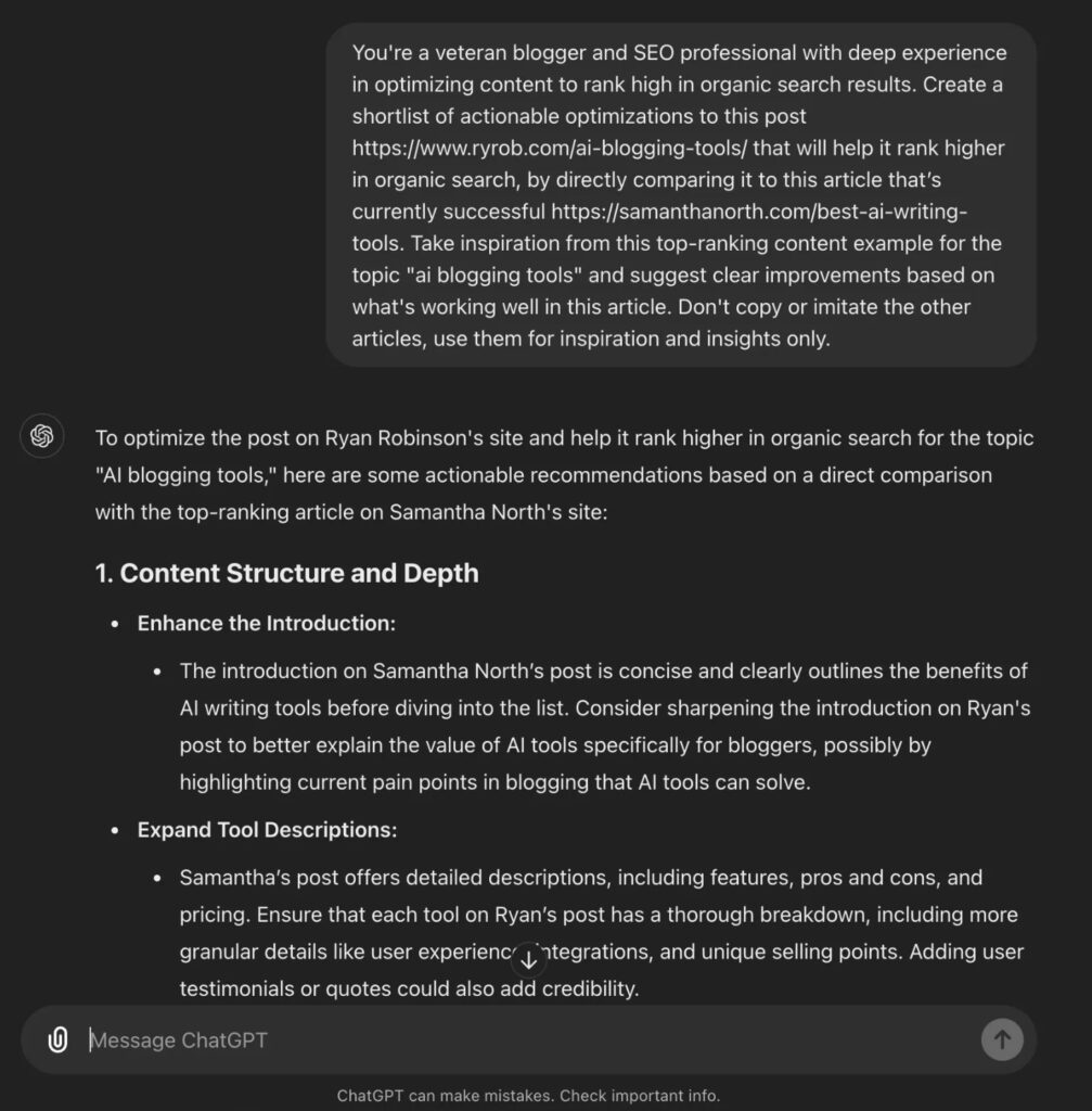 Content Gap Analysis ChatGPT Prompt Example (Screen Shot)