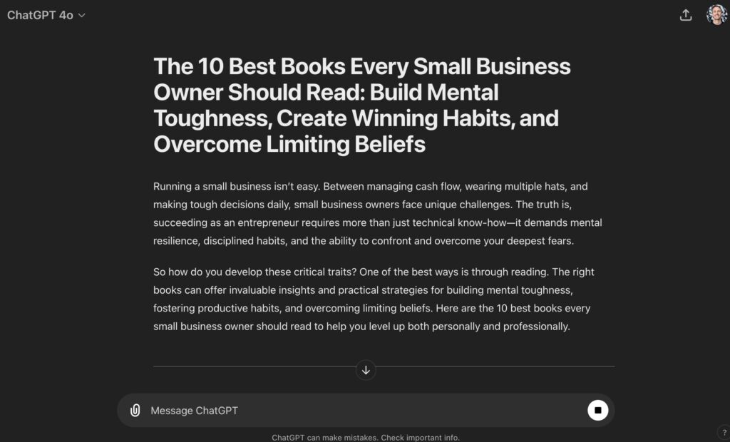 Example of a ChatGPT Prompt for Writing a Full Blog Post (Screen Shot)