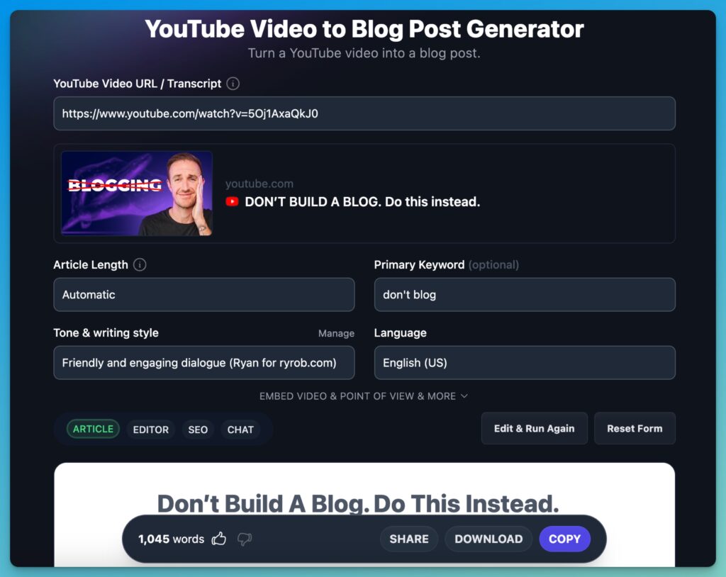 Don't Start a Blog Do This Instead Example of Video to Blog Tool (RightBlogger)