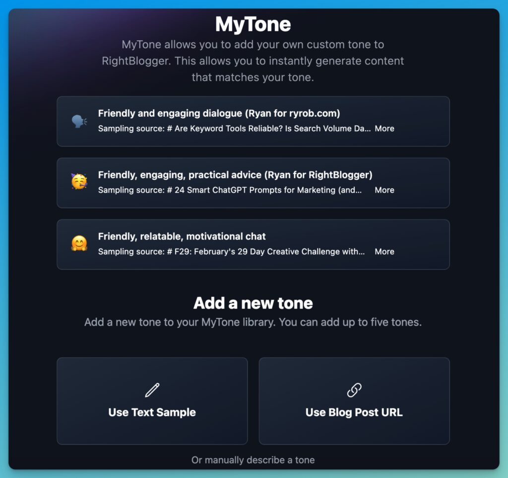 MyTone Customizable Voice, Style and Tone in RightBlogger