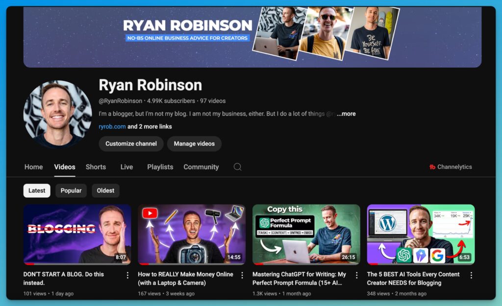 Ryan Robinson YouTube Channel (Screen Shot)