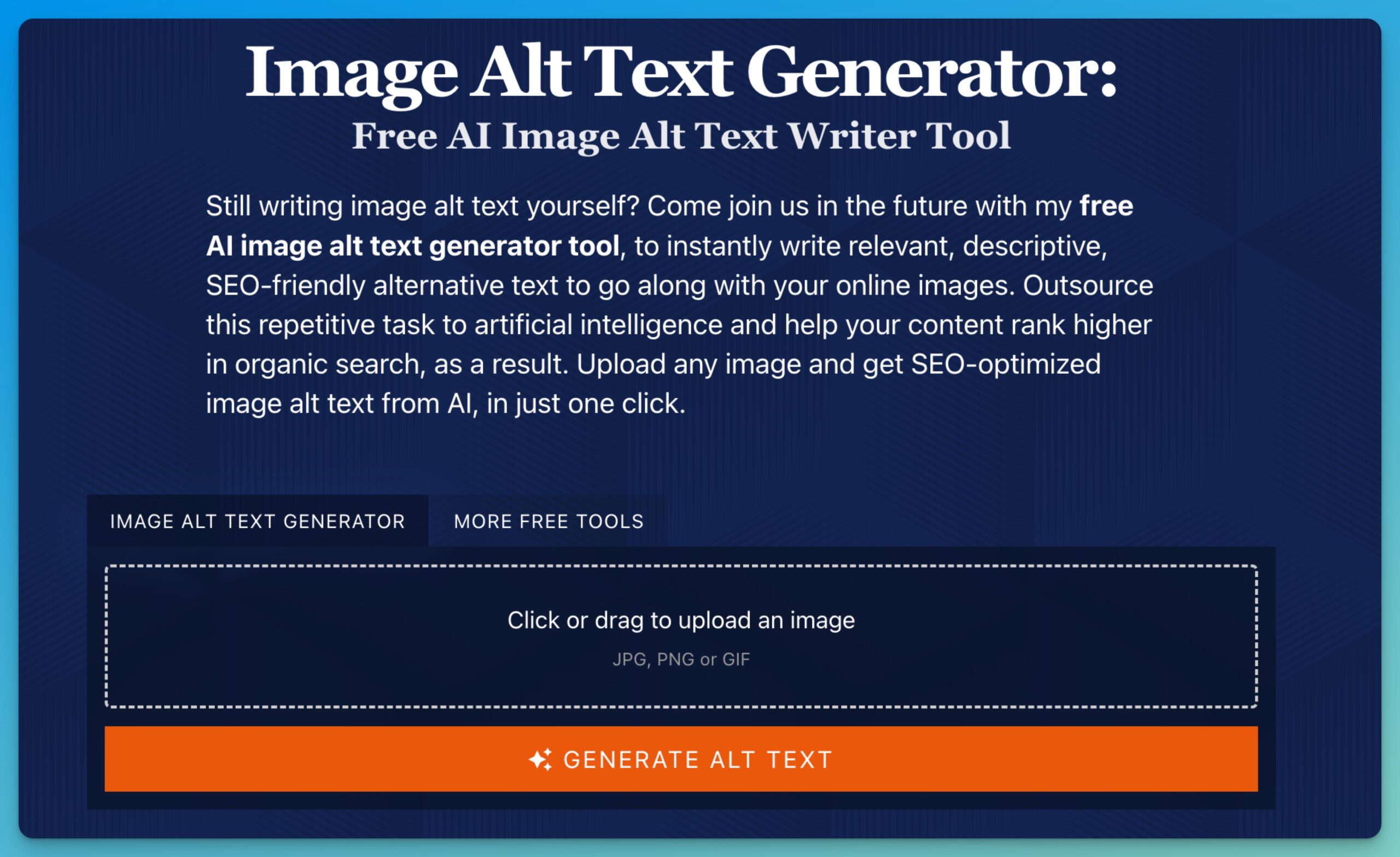 Image Alt Text Generator (Free AI Image Alt Text Writer for SEO-Friendly Alternative Text) Screen Shot of Tool