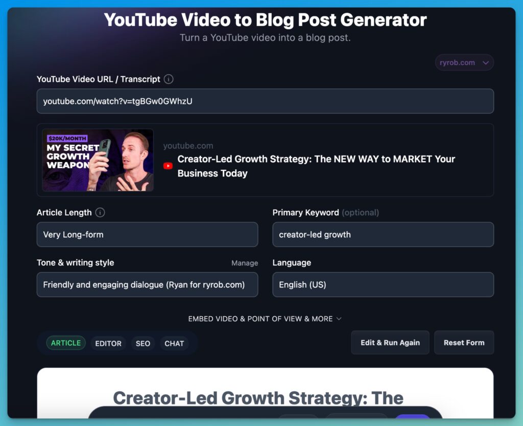 Repurpose Videos to Blog Posts (Free Tool Screen Shot)