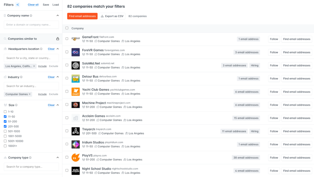 Hunter.io Discover Database Screen Shot