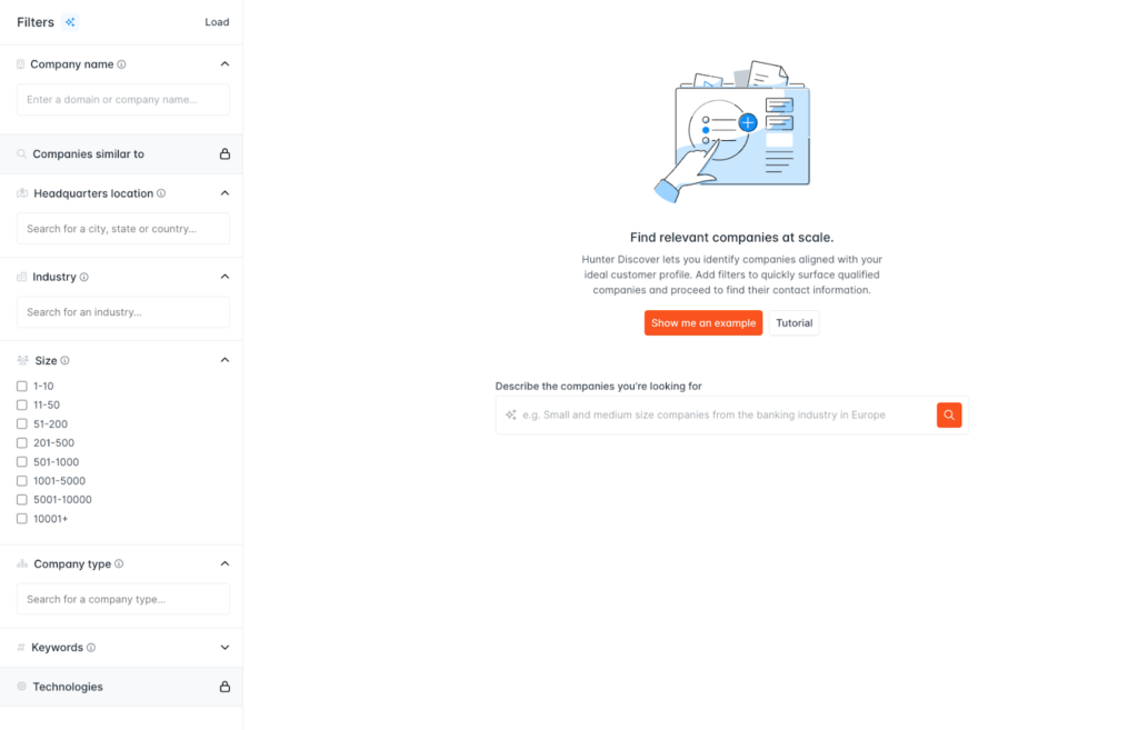 Hunter.io Discover Feature (Screen Shot) to Find Companies and Email Addresses