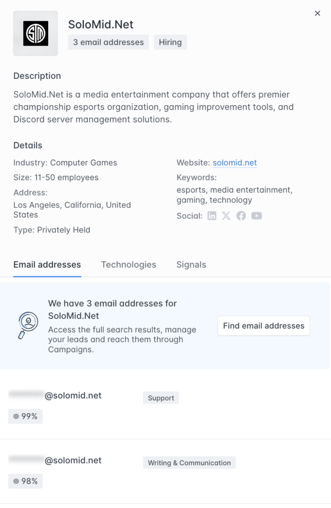 Example of Hunter.io Company Profile for Cold Outreach