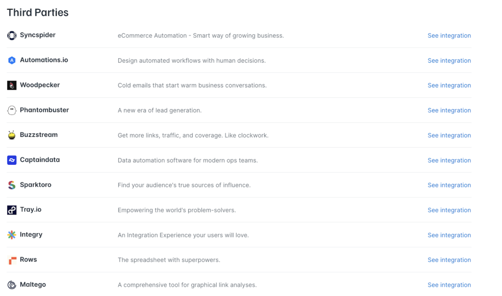 Hunter Integrations List (Screen Shot)
