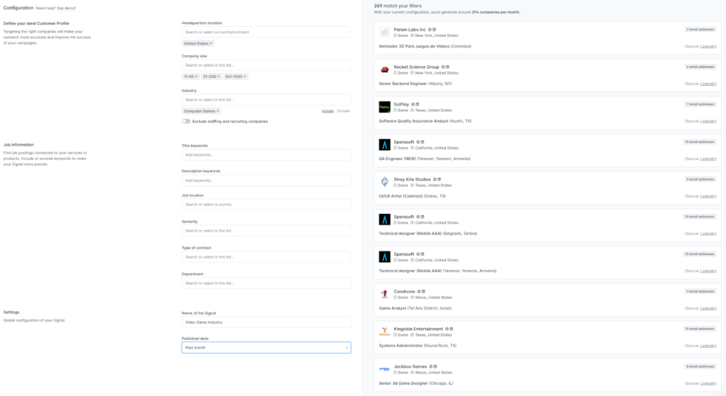 List of Hunter Signals (Screen Shot)