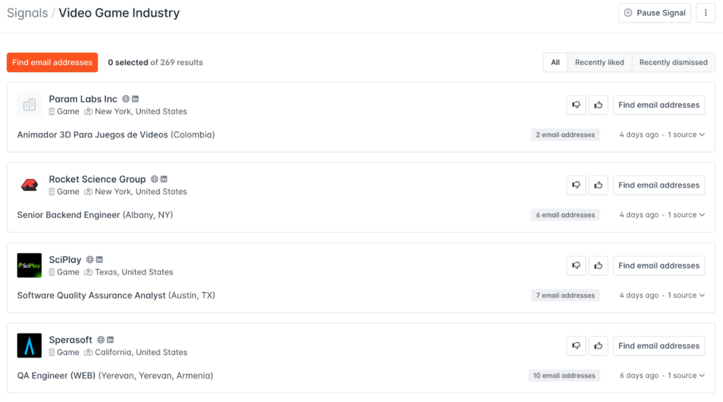 Example of Signals Filter for All Companies in Custom Search (Hunter)